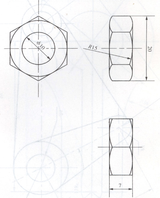 怎么根据此三视图用autocad2012画出来这个螺母的三维图纸