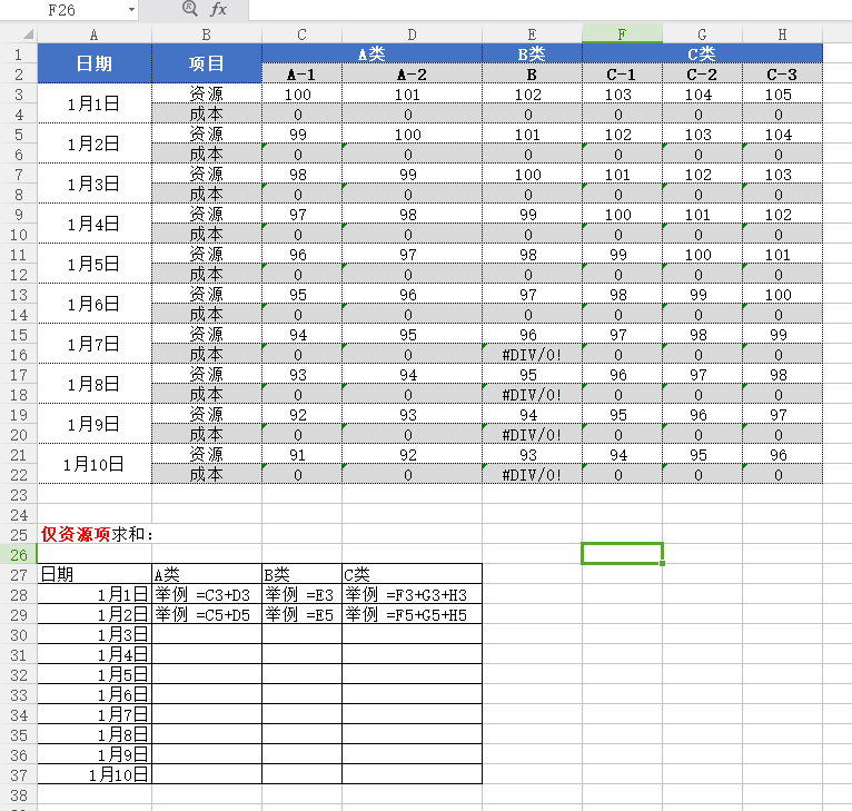 Excel 各行求和公式