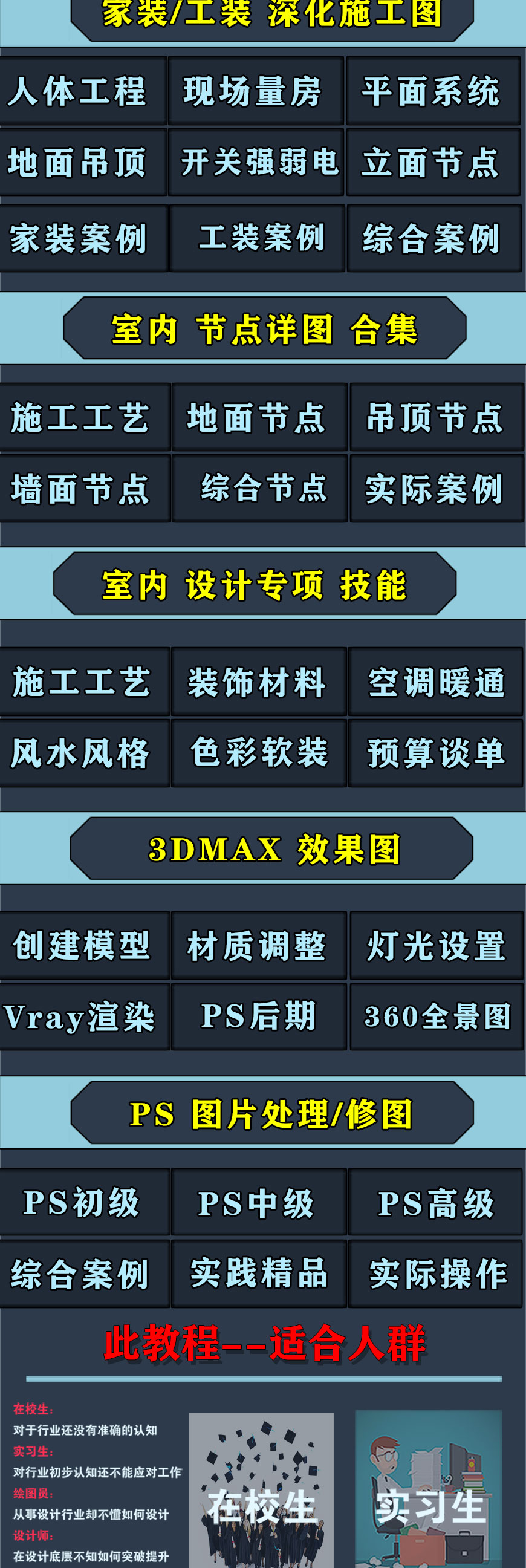 室内设计CAD施工图3dmax效果图PS后期处理施工工艺谈单