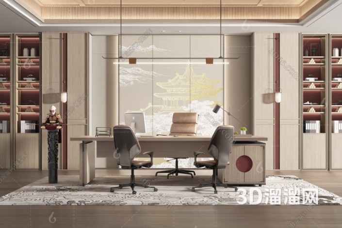 新中式办公室设计:传统文化与现代商务的完美结合-3d溜溜网