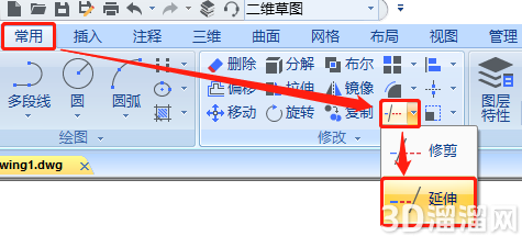 CAD怎么延伸到与一条线相交？