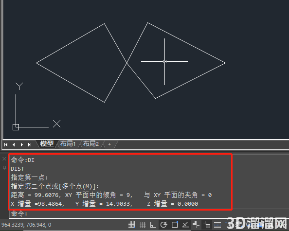 CAD中如何计算两点间距离及角度? CAD中如何计算两点间距离及角度?